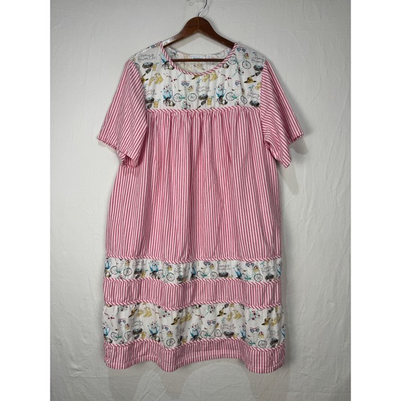 National Pink Striped Cotton House Dress Muumuu Spring Novelty Print 2X Easter - Picture 2 of 6